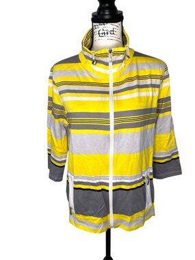 Onque Casual Yellow Gray Striped Zip Up Top Large Lightweight Stretch Top